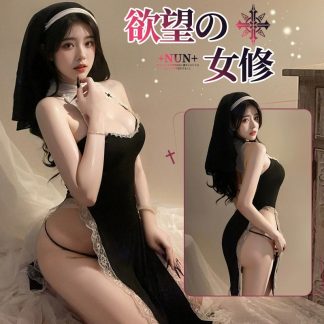 Kostum Cosplay Nun Seksi Gaun Renda Belah Tinggi