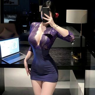 Set Setiausaha Renda Ungu — Bodysuit Jarang Terbuka
