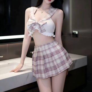 JK学院风制服套装 — 格子百褶裙+透肤袜