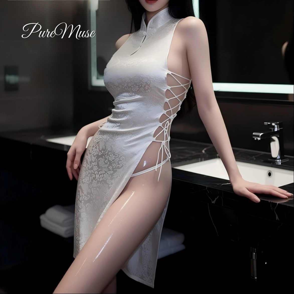 Set Cheongsam Telus — Belah Tinggi Bertali - Image 3