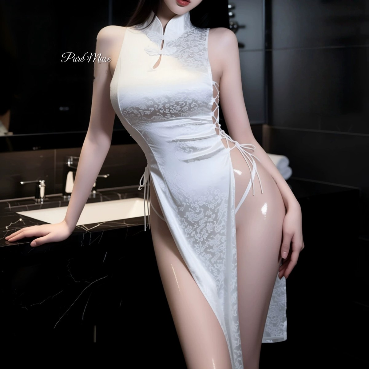 Set Cheongsam Telus — Belah Tinggi Bertali - Image 4